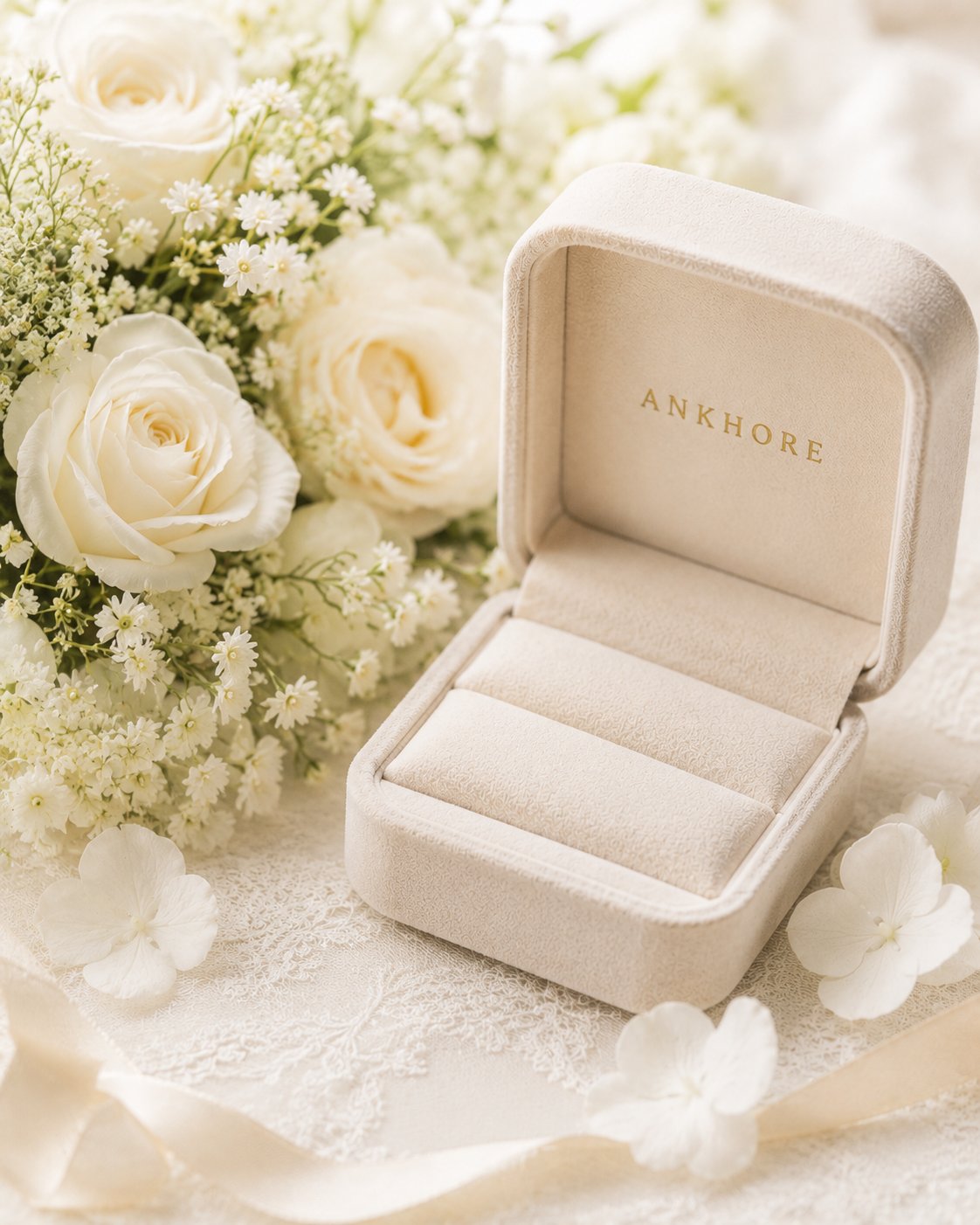 ANKHOREのリングケースと白いバラのブーケ(イメージ)